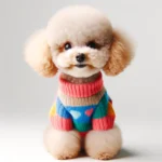 DALL·E 2024-02-28 10.07.06 - A fluffy toy poodle with a playful expression, wearing a cozy sweater. The sweater is colorful, adding a fun and vibrant look to the poodle's appearan