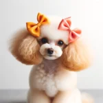 DALL·E 2024-02-28 10.08.04 - A playful toy poodle with bows tied to her ears, looking elegant. The bows are of a bright color that stands out against her fluffy fur. The backgroun