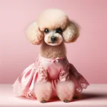 DALL·E 2024-02-28 10.12.32 - Generate a highly realistic image of a toy poodle wearing an elegant pink dress. The dress is crafted from a fine, silky material that drapes beautifu